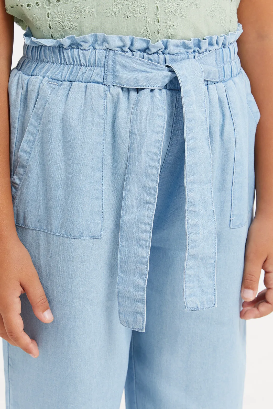 Girls Blue Bow With Pockets Trousers
