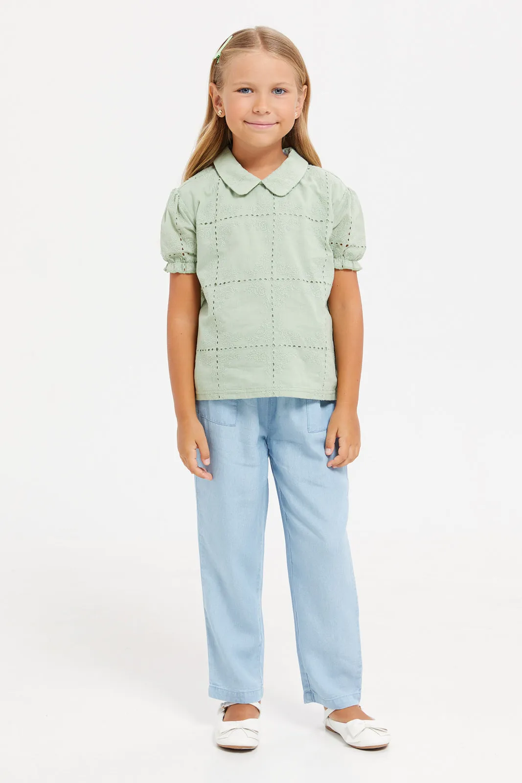 Girls Blue Bow With Pockets Trousers