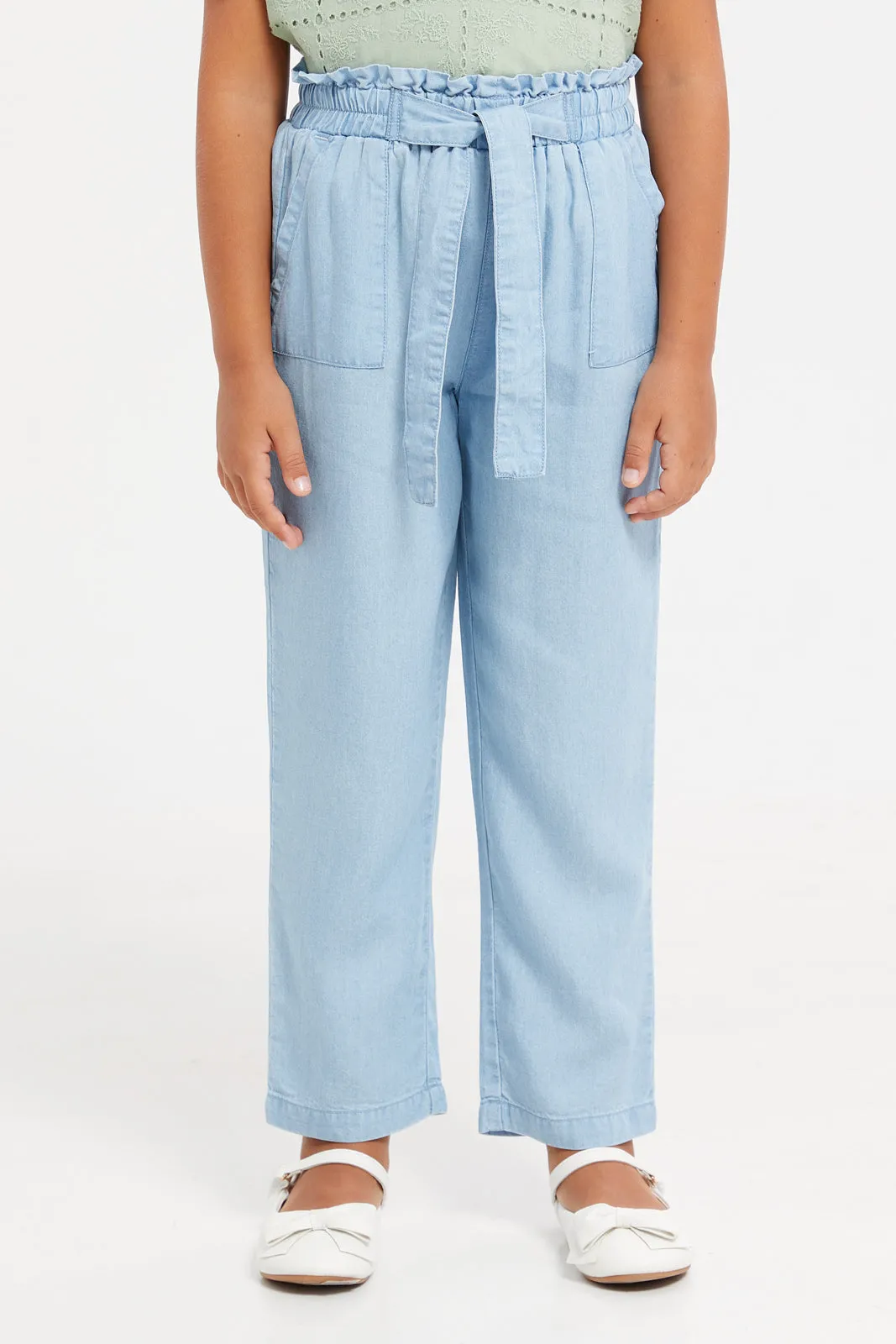 Girls Blue Bow With Pockets Trousers