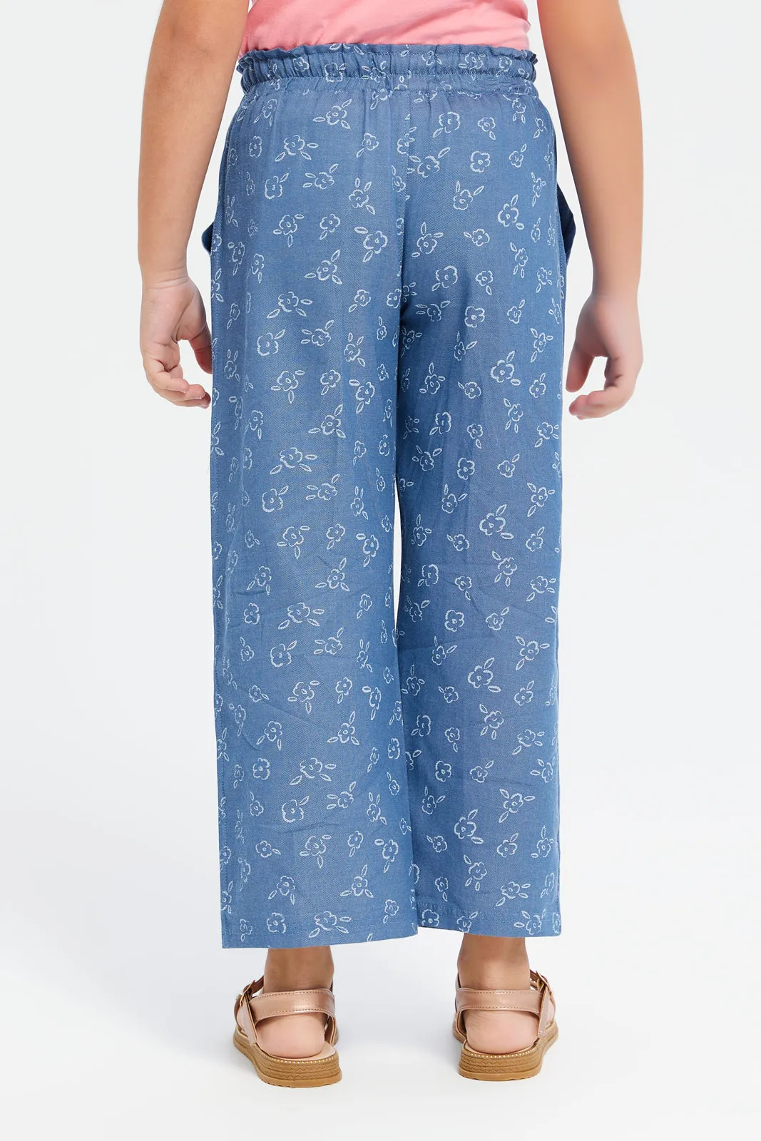 Girls Blue Printed Chambray Trouser