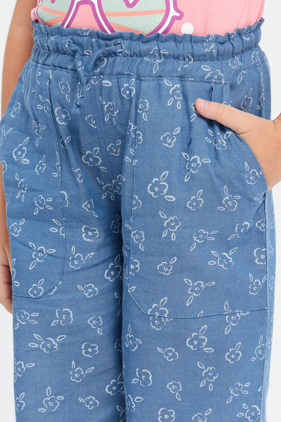 Girls Blue Printed Chambray Trouser