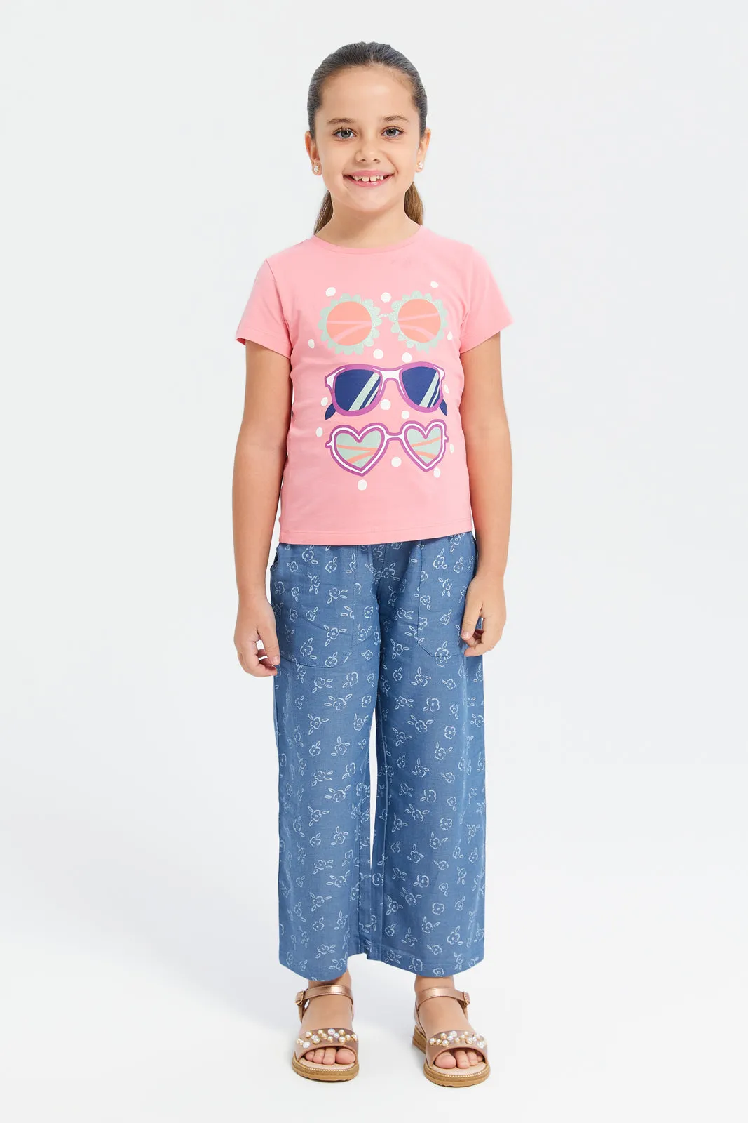Girls Blue Printed Chambray Trouser