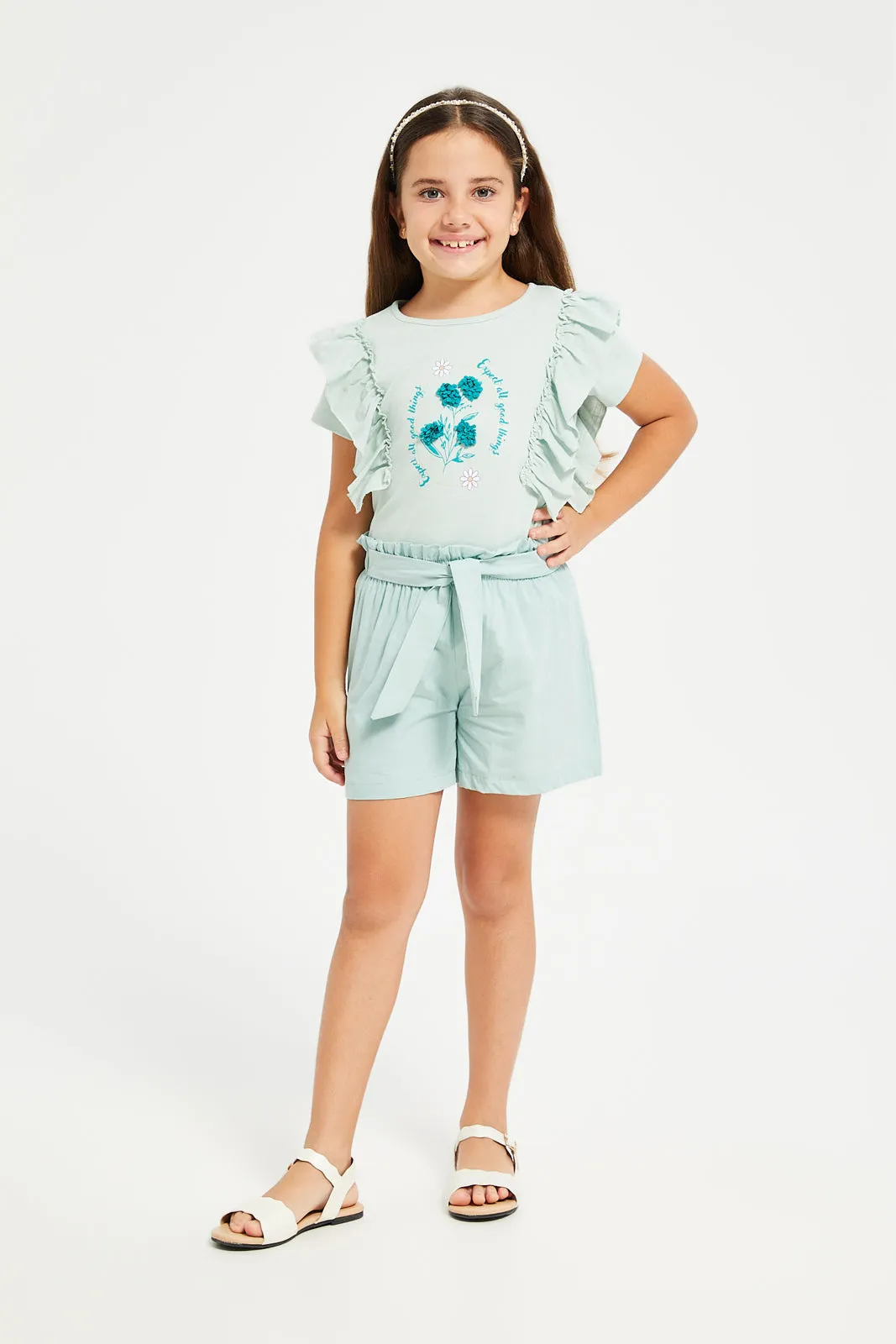 Girls Green Plain Poplin Shorts