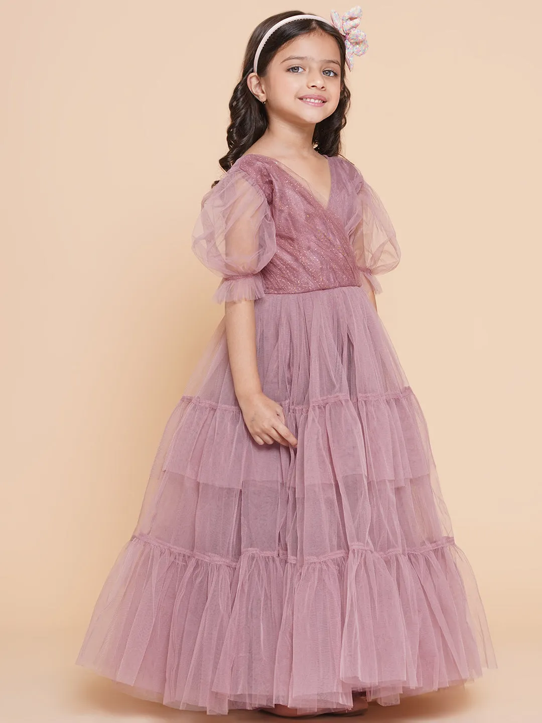 Girls Onion Pink Net Embellished Fit & Flared Maxi Dress.