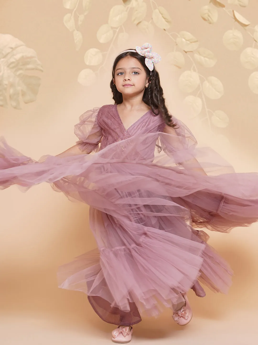 Girls Onion Pink Net Embellished Fit & Flared Maxi Dress.