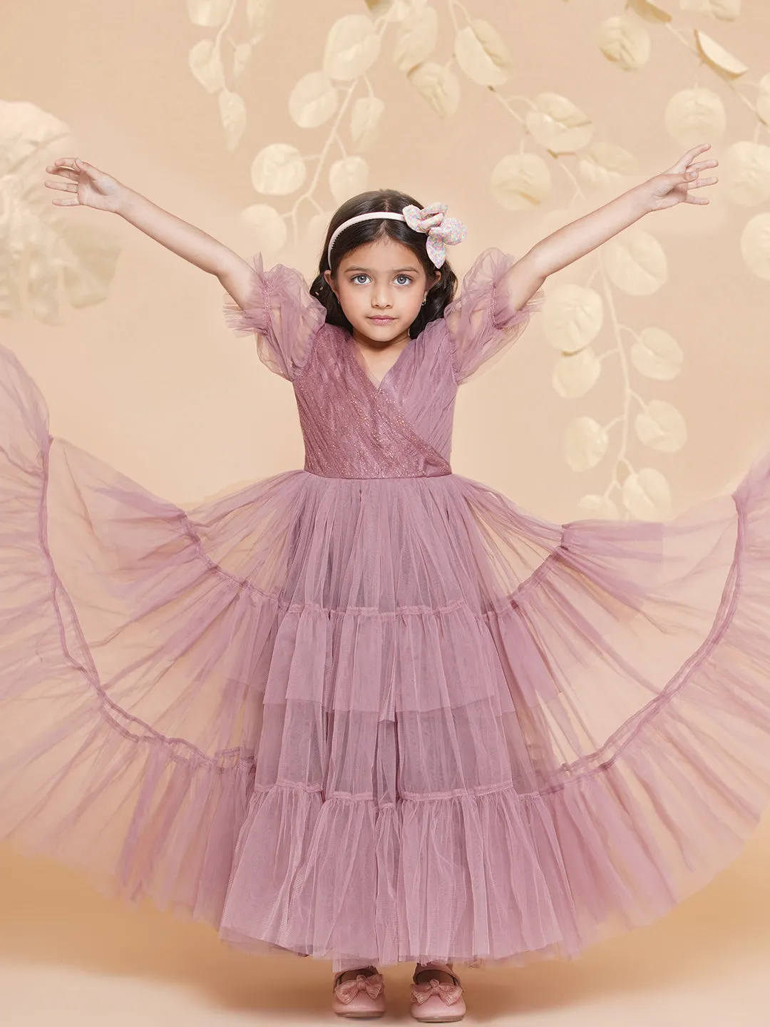 Girls Onion Pink Net Embellished Fit & Flared Maxi Dress.