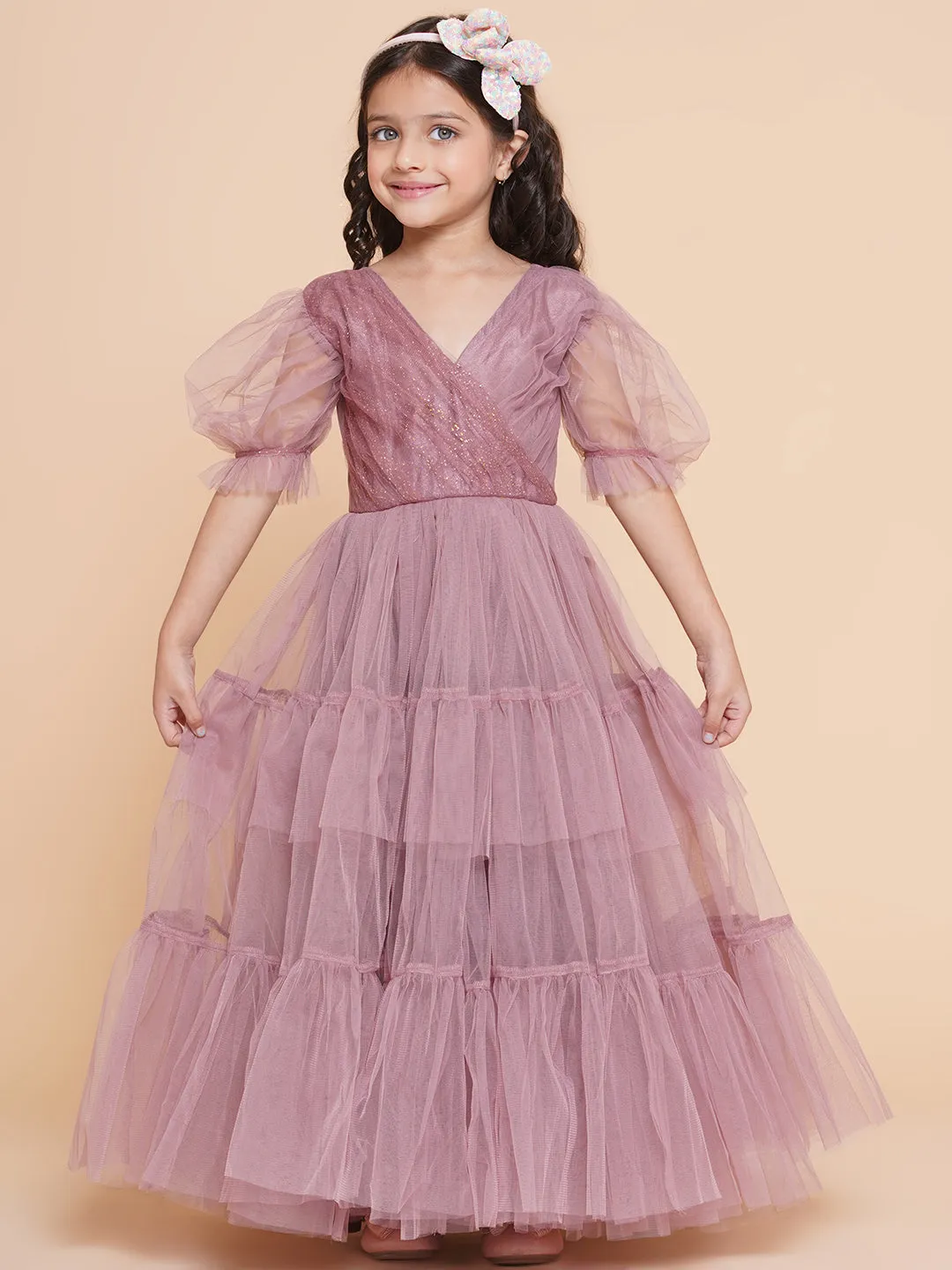 Girls Onion Pink Net Embellished Fit & Flared Maxi Dress.