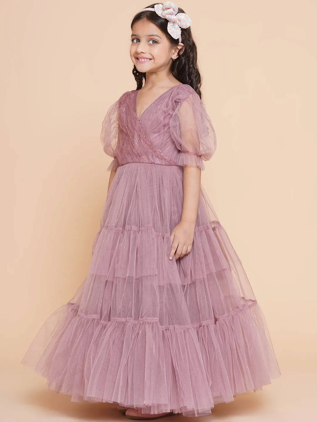 Girls Onion Pink Net Embellished Fit & Flared Maxi Dress.