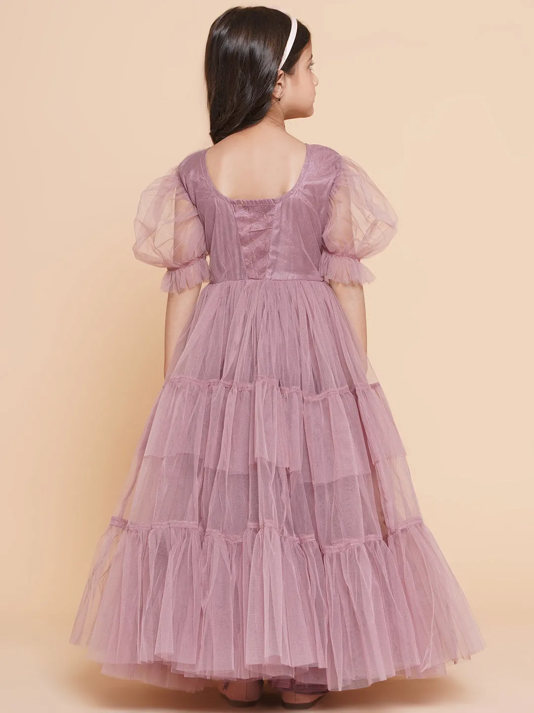 Girls Onion Pink Net Embellished Fit & Flared Maxi Dress.