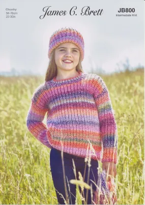 James Brett Chunky Knitting Pattern - Children's Sweater Hat & Scarf (JB800)