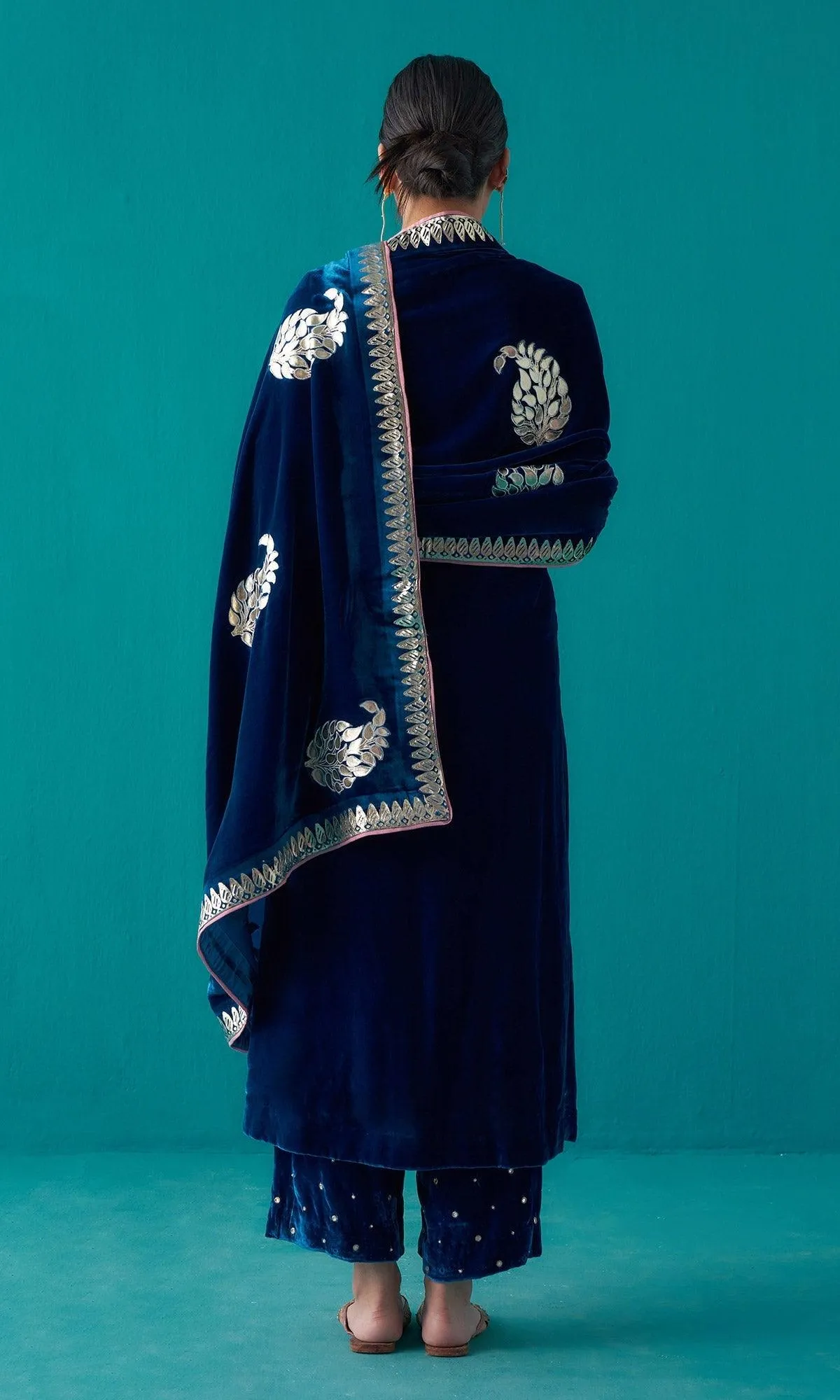 Khizaan Foils Sphire Blue stright kurta set with foil paisley shawl  - set of 3 RTS