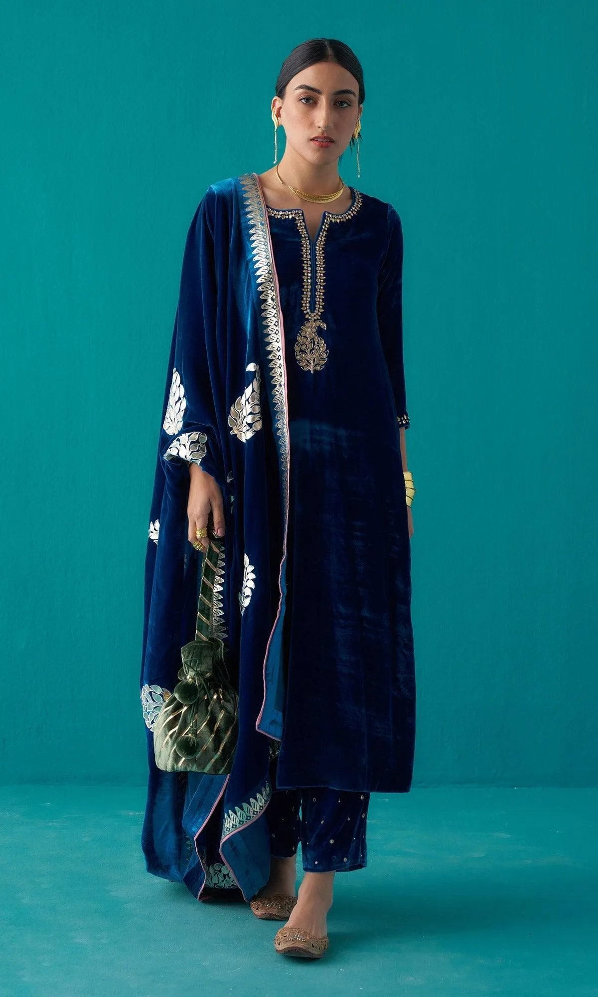 Khizaan Foils Sphire Blue stright kurta set with foil paisley shawl  - set of 3 RTS