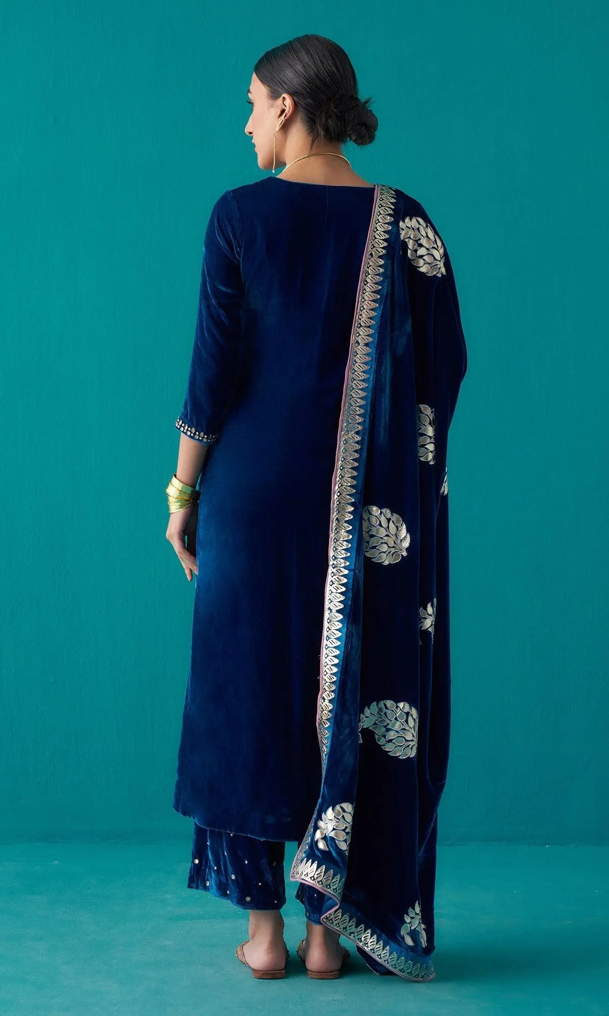 Khizaan Foils Sphire Blue stright kurta set with foil paisley shawl  - set of 3 RTS
