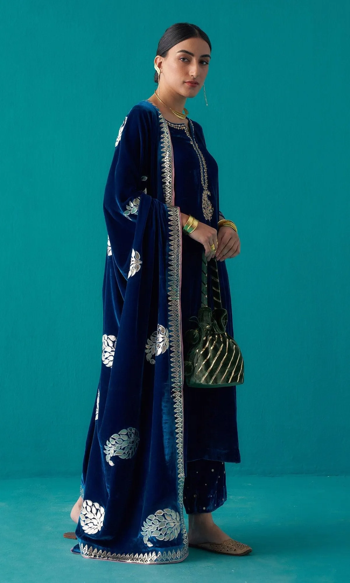 Khizaan Foils Sphire Blue stright kurta set with foil paisley shawl  - set of 3 RTS
