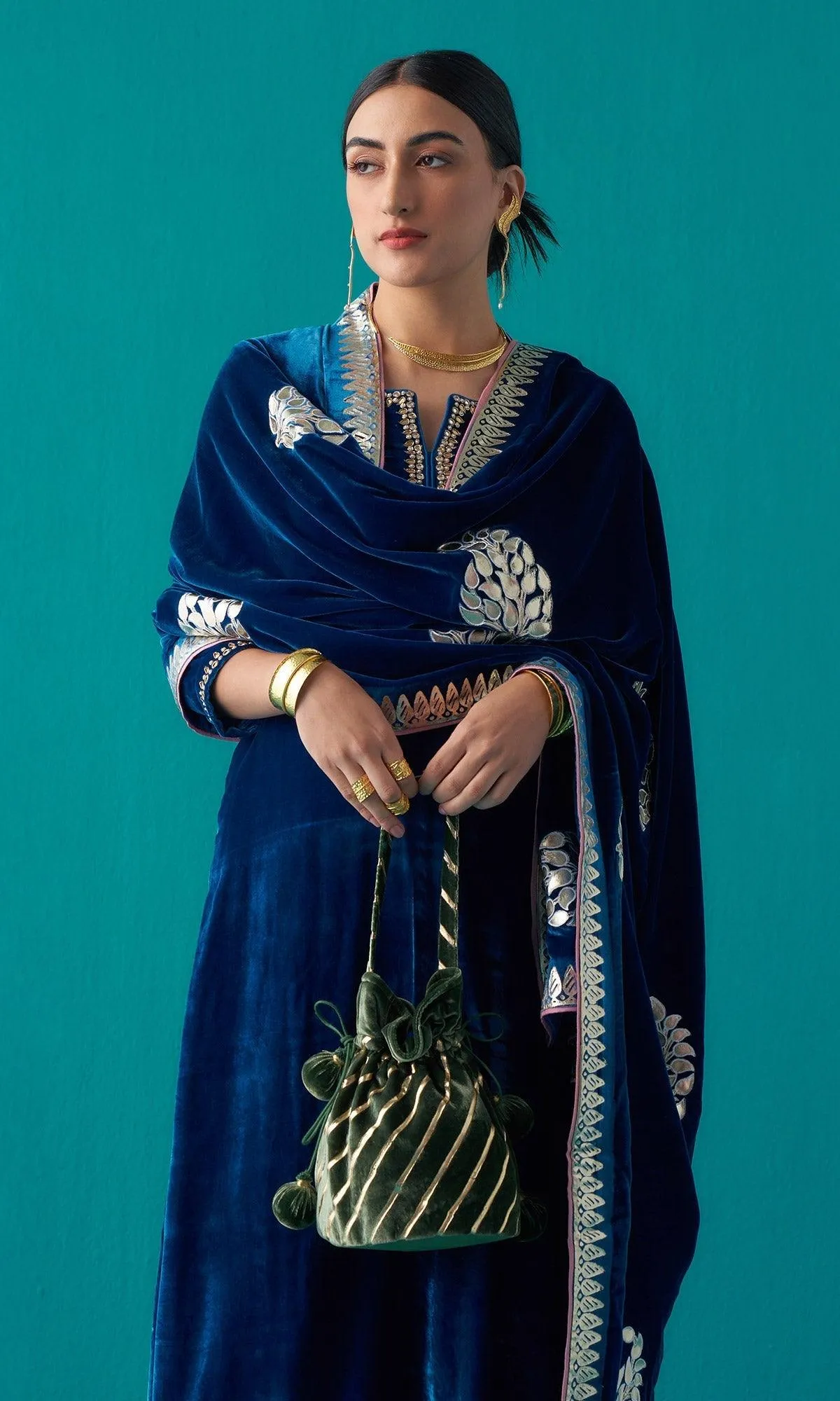 Khizaan Foils Sphire Blue stright kurta set with foil paisley shawl  - set of 3 RTS