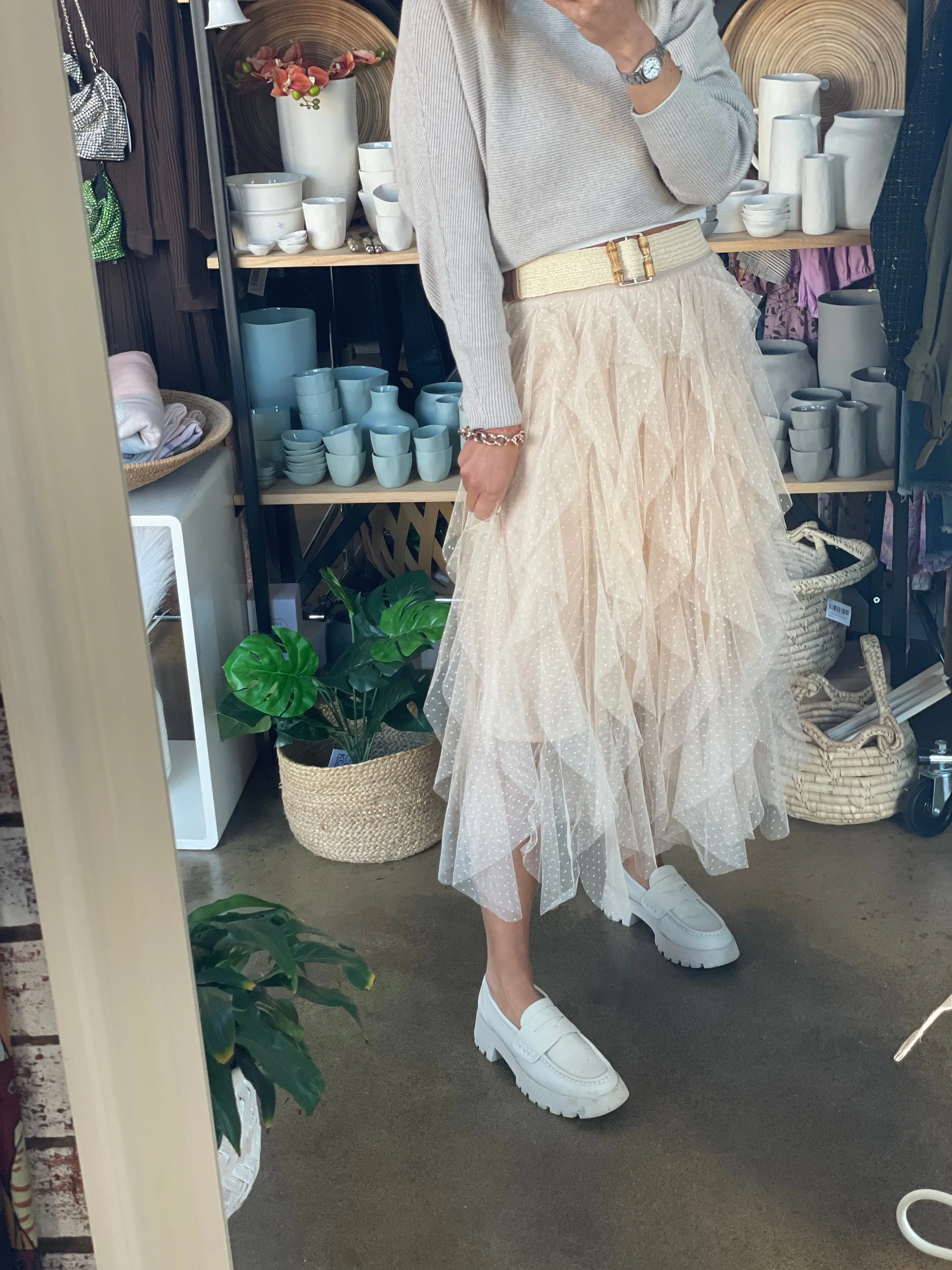 Lace Layered Mesh Skirt -Cream