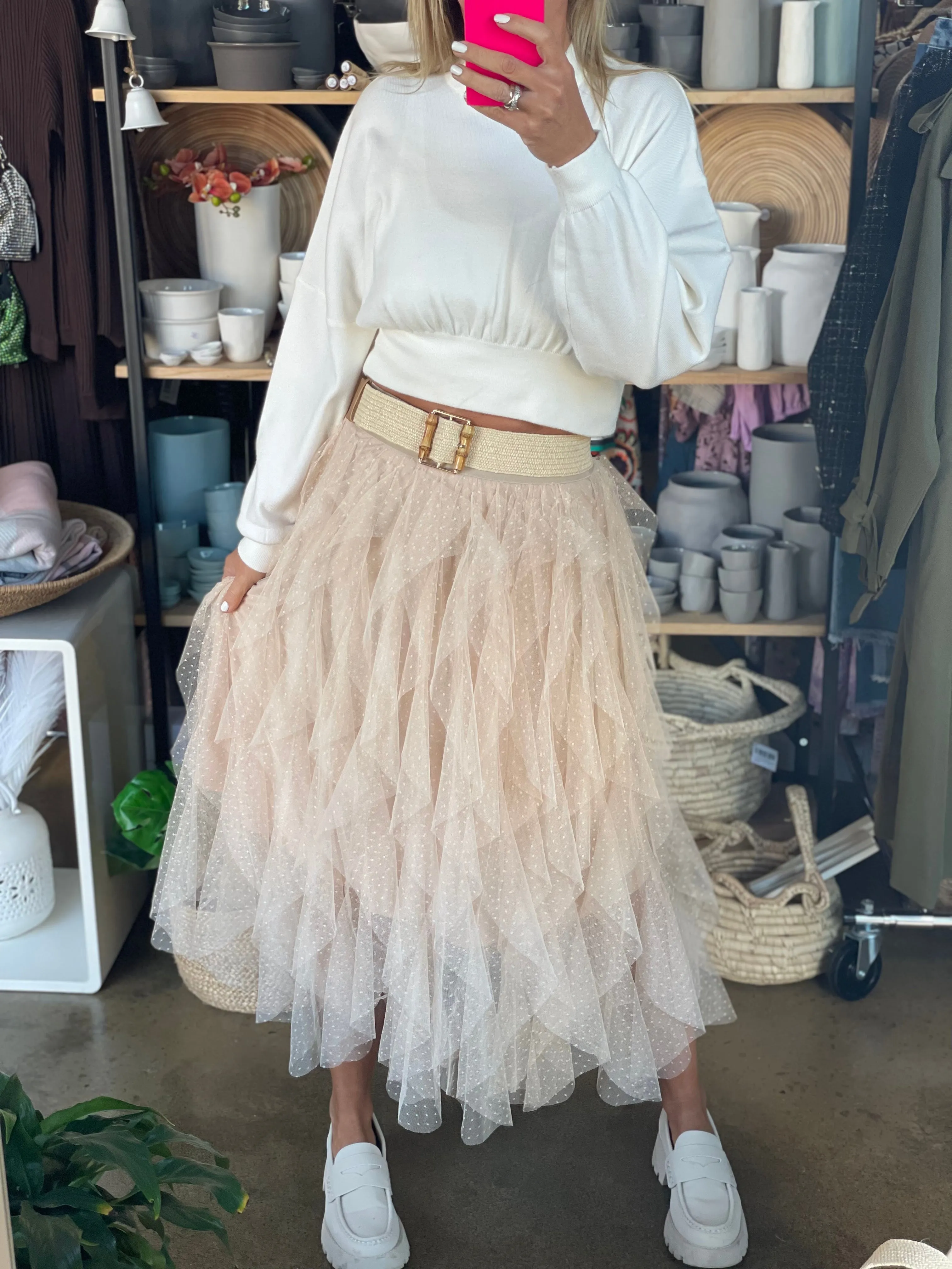 Lace Layered Mesh Skirt -Cream