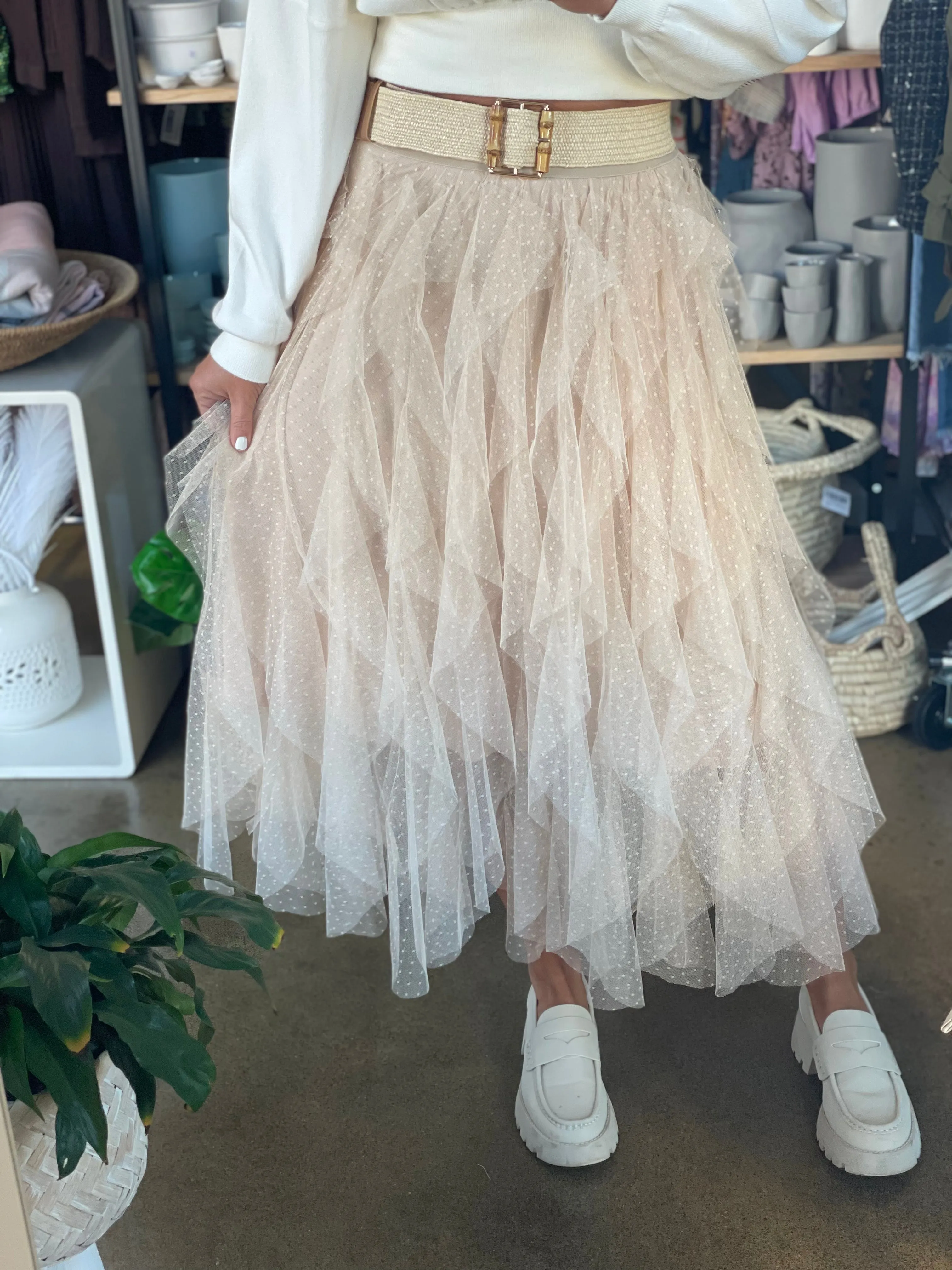 Lace Layered Mesh Skirt -Cream