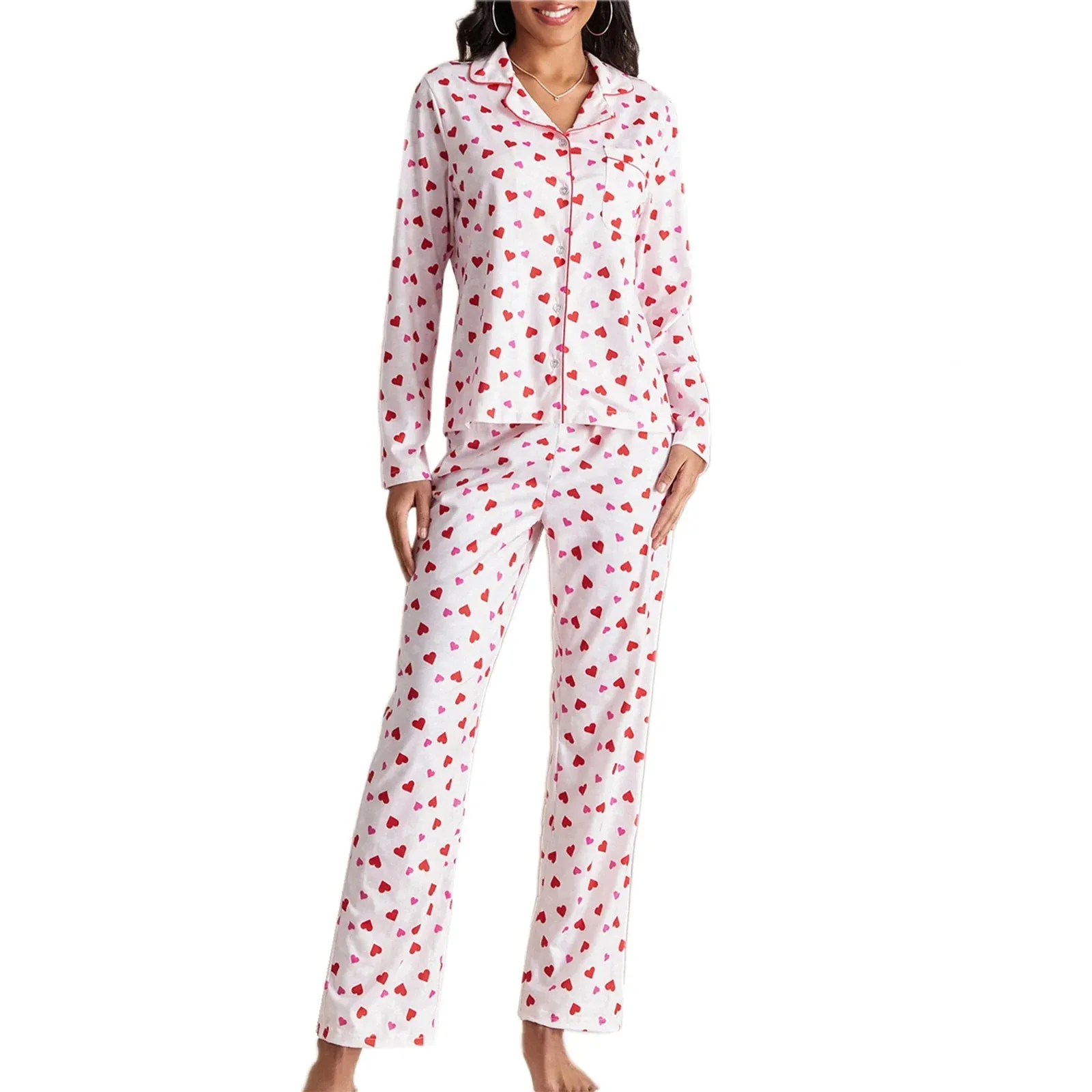 Long Sleeves Tops with Trousers Buttoned Sleepwear Satin Pajamas