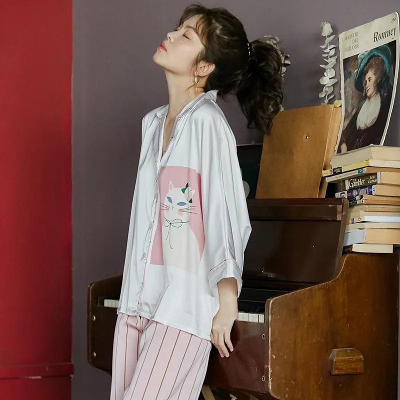 Loose Cartoon Print Women Pajamas Bat Sleeve Long Sleeve Trousers Suit Pijama