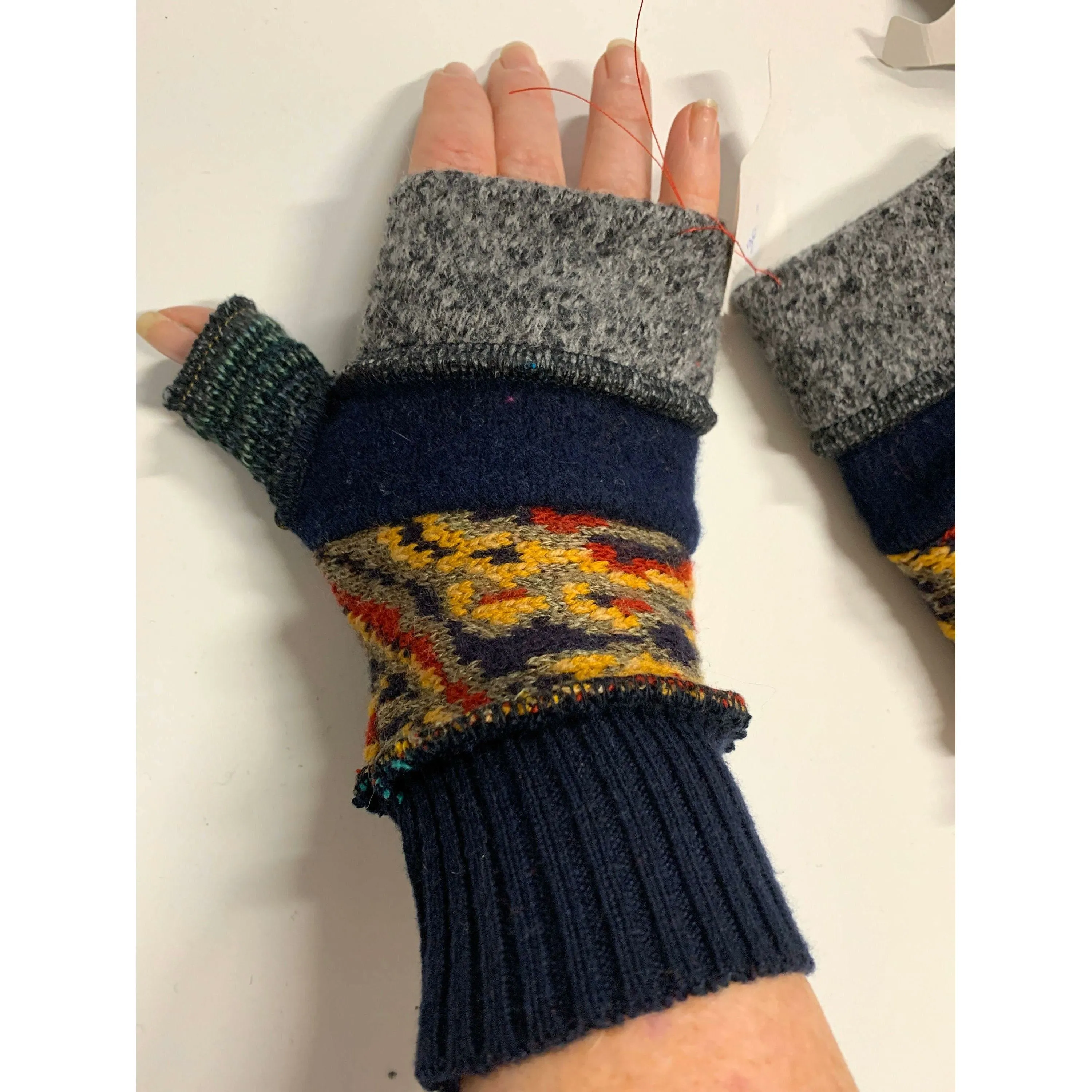 New and Upcycled Recycled sweater texting fingerless gloves with thumb guards. Some wool.