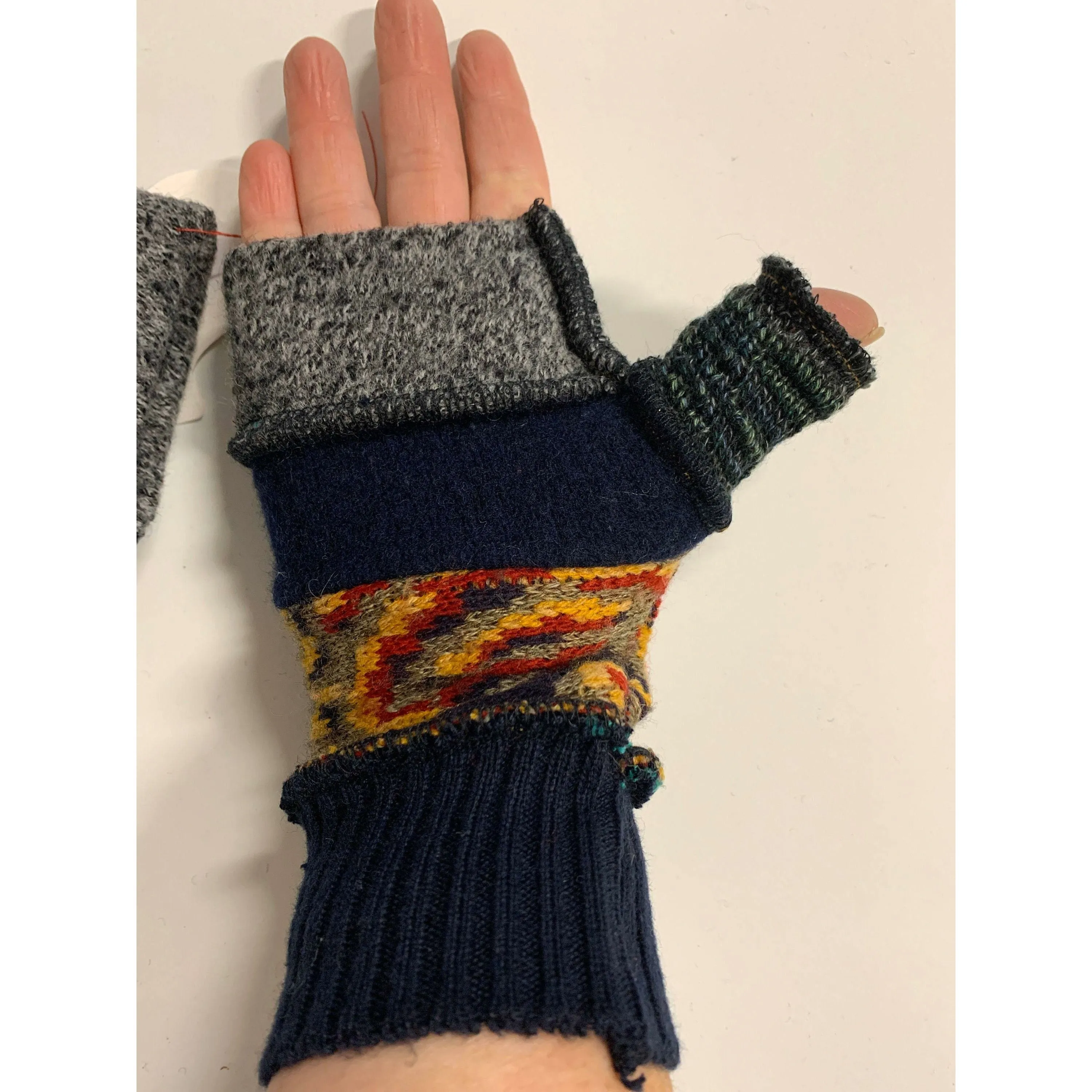 New and Upcycled Recycled sweater texting fingerless gloves with thumb guards. Some wool.