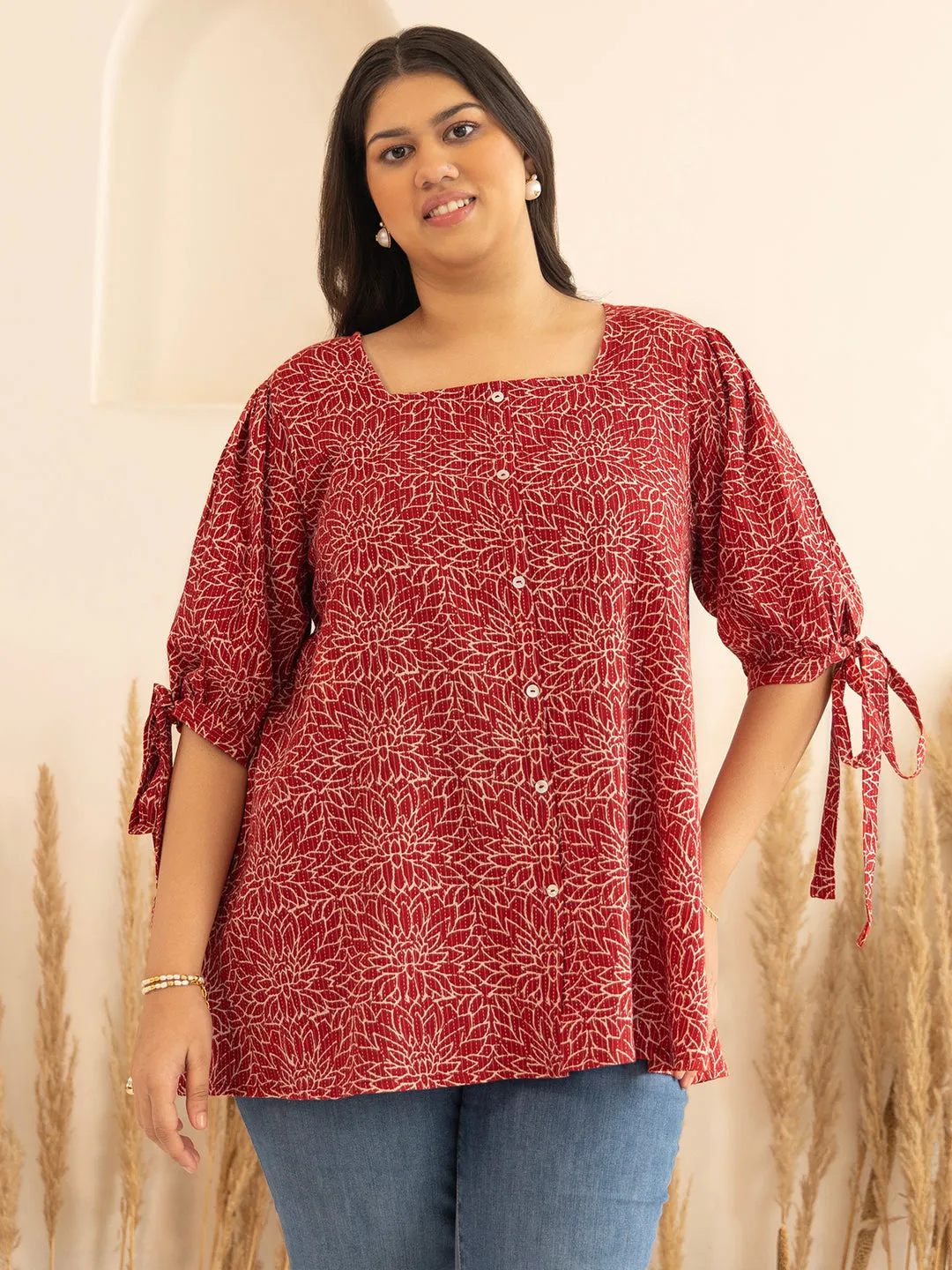 Plus Size Maroon Cotton Floral A-Line Top