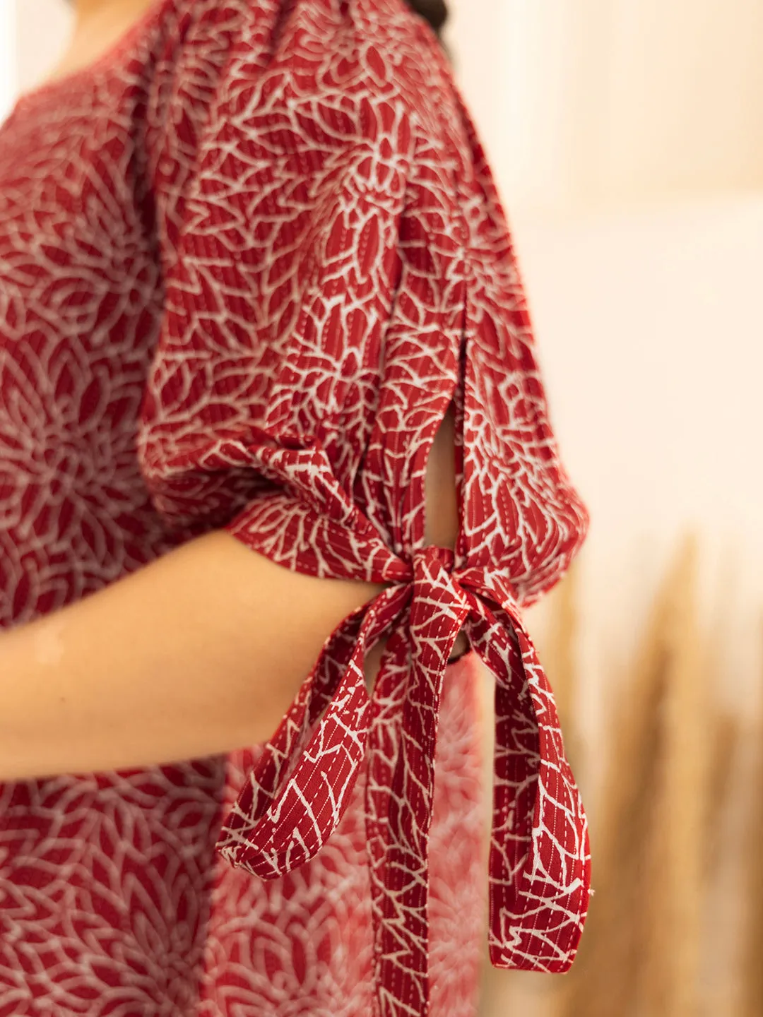 Plus Size Maroon Cotton Floral A-Line Top