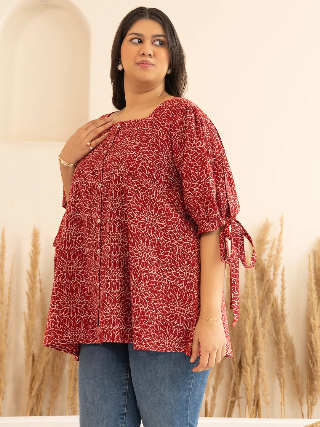 Plus Size Maroon Cotton Floral A-Line Top