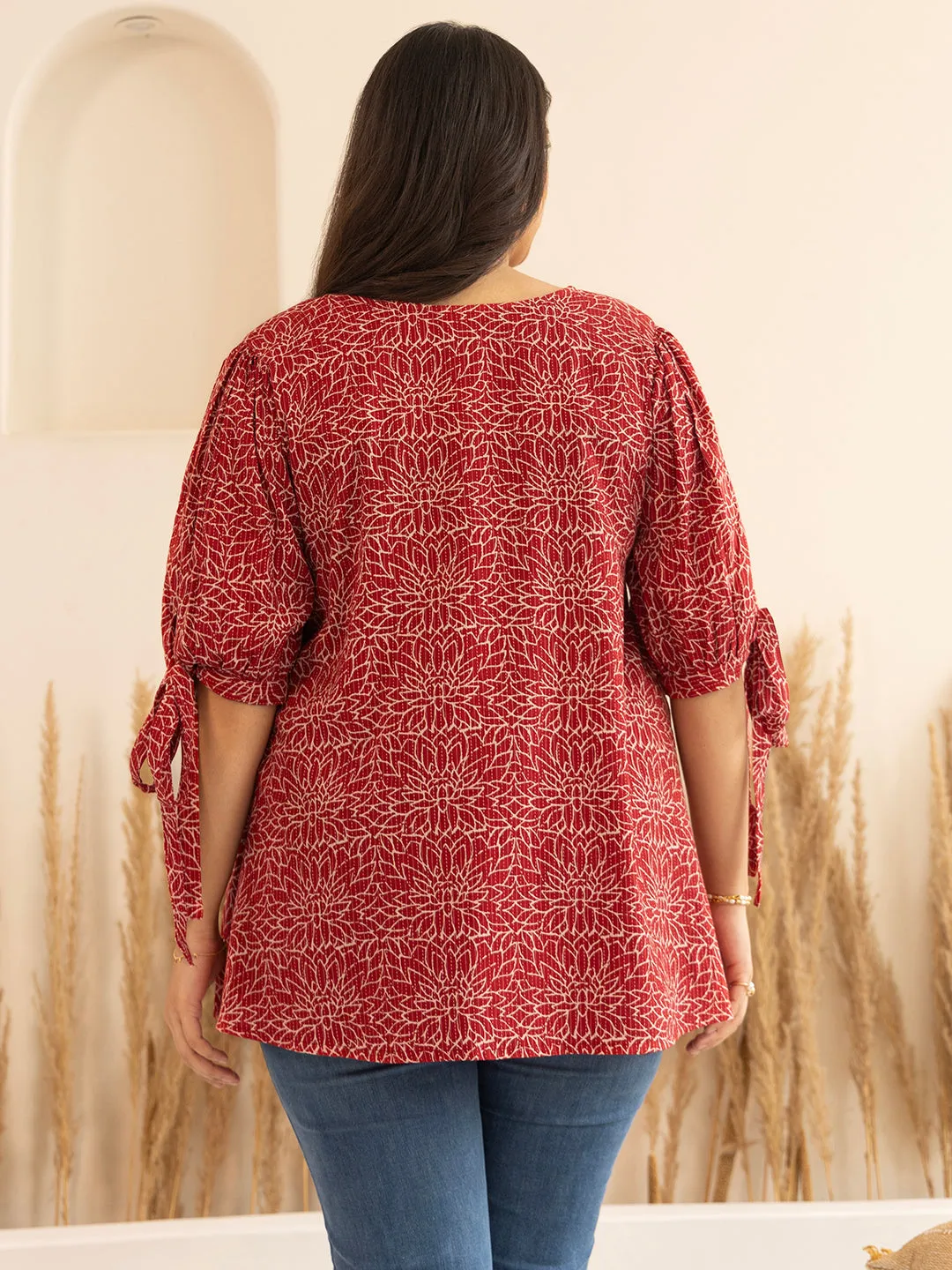 Plus Size Maroon Cotton Floral A-Line Top