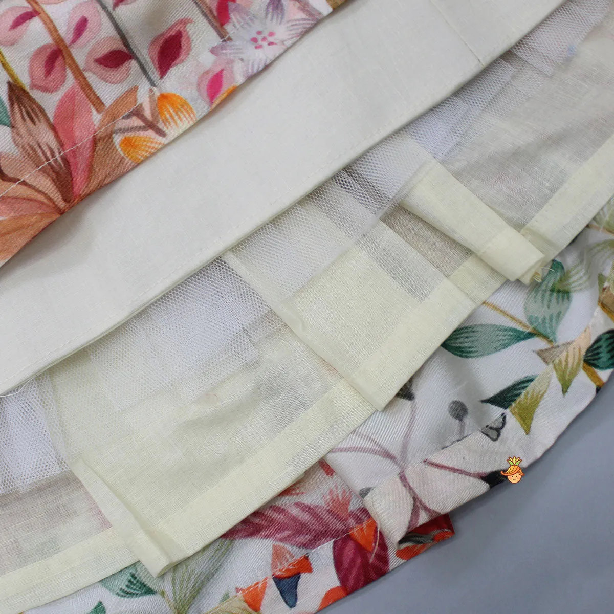 Pre Order: Multicolour Floral Printed Cape Top And Flared Lehenga With Net Dupatta