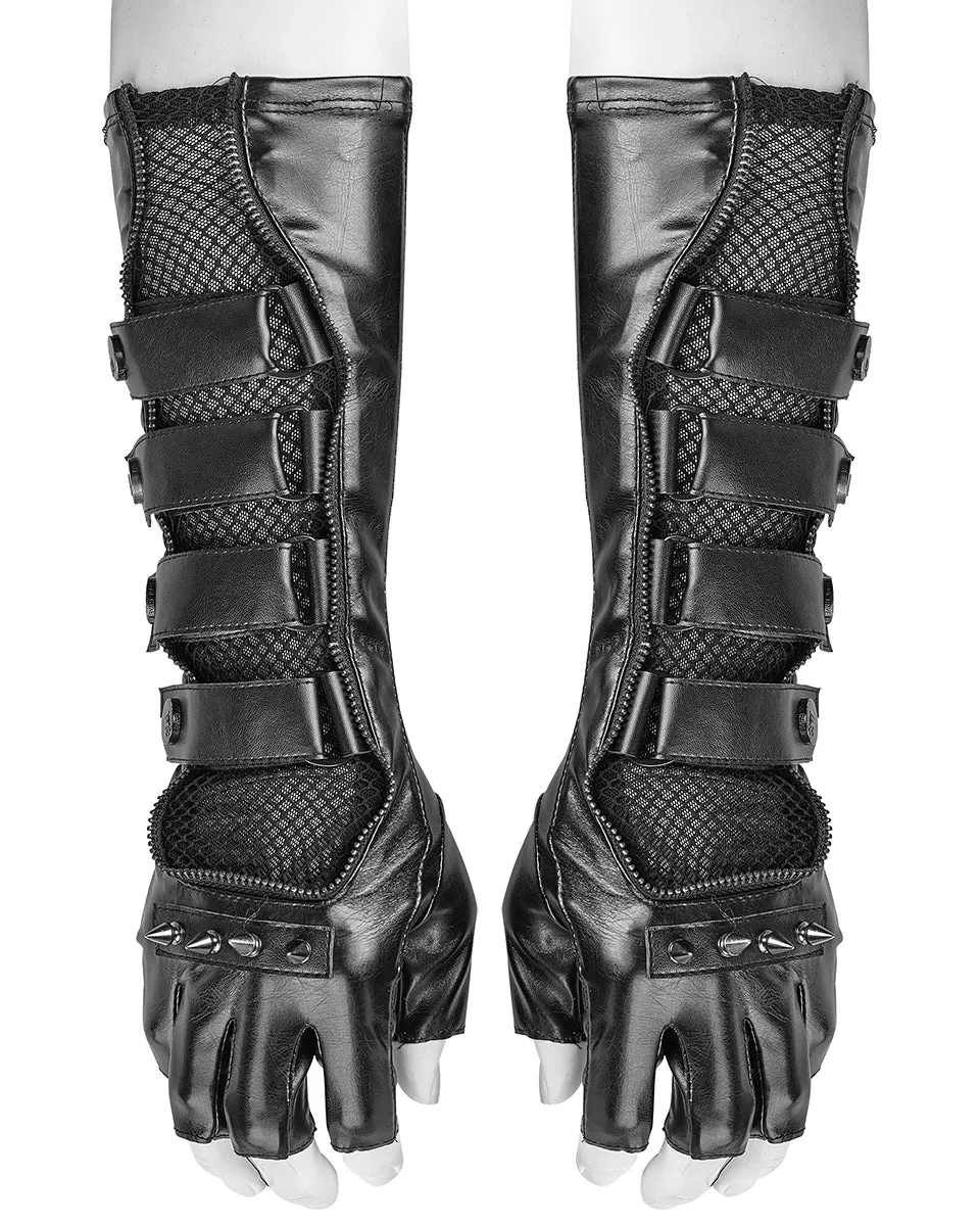 Punk Rave Acropolis Mens Long PU & Mesh Spiked Fingerless Gloves