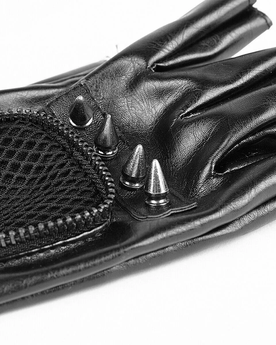 Punk Rave Acropolis Mens Long PU & Mesh Spiked Fingerless Gloves