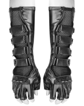 Punk Rave Acropolis Mens Long PU & Mesh Spiked Fingerless Gloves