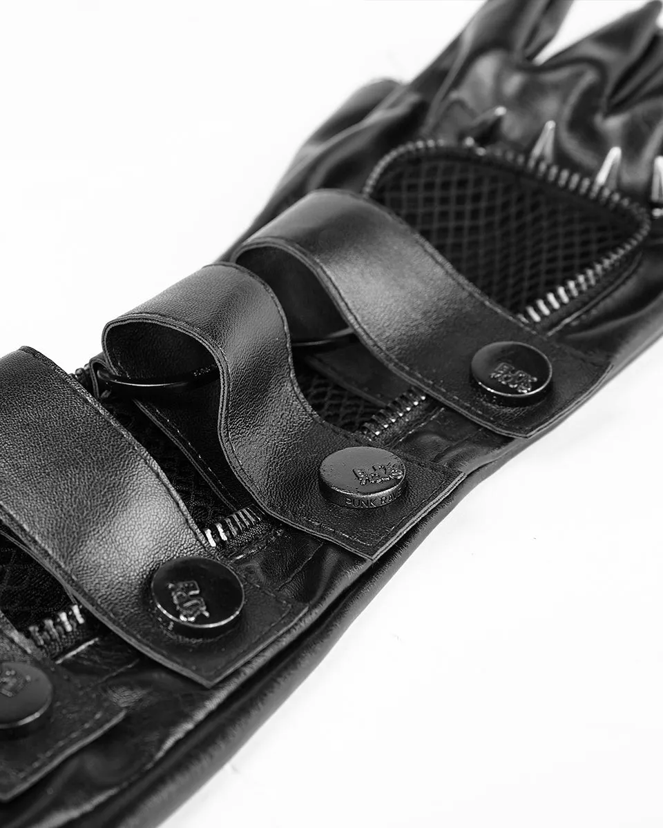 Punk Rave Acropolis Mens Long PU & Mesh Spiked Fingerless Gloves