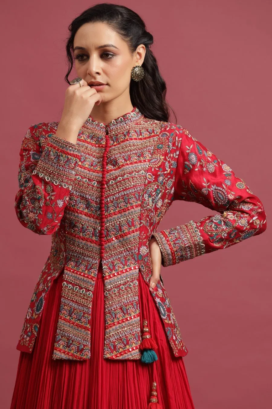 Queen Red Embellished Peplum with Layered Skirt