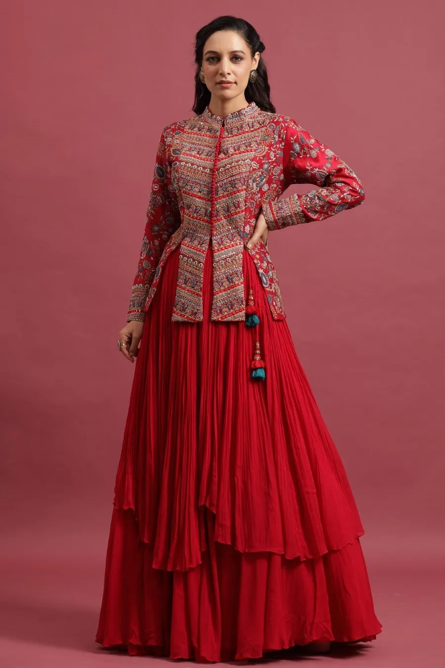 Queen Red Embellished Peplum with Layered Skirt