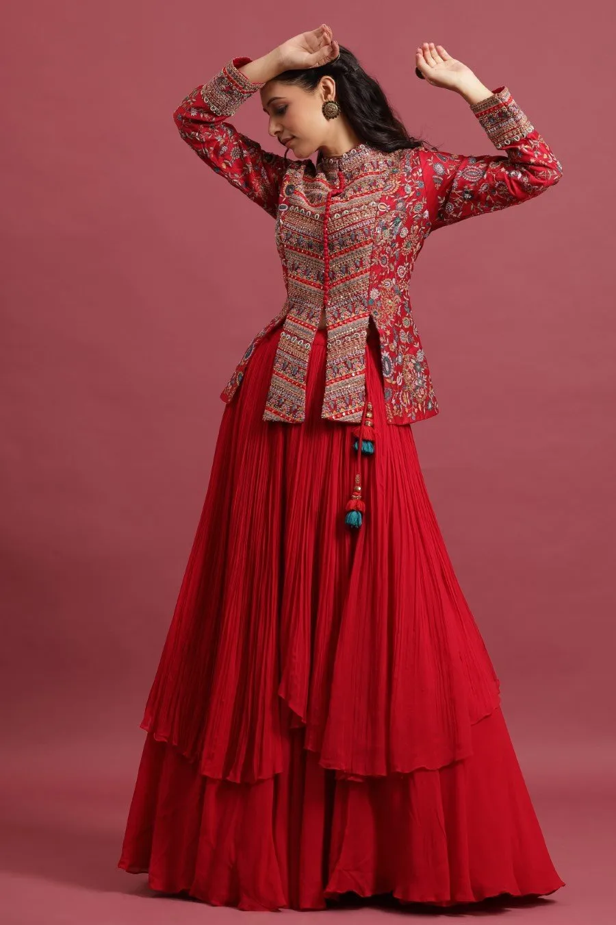 Queen Red Embellished Peplum with Layered Skirt