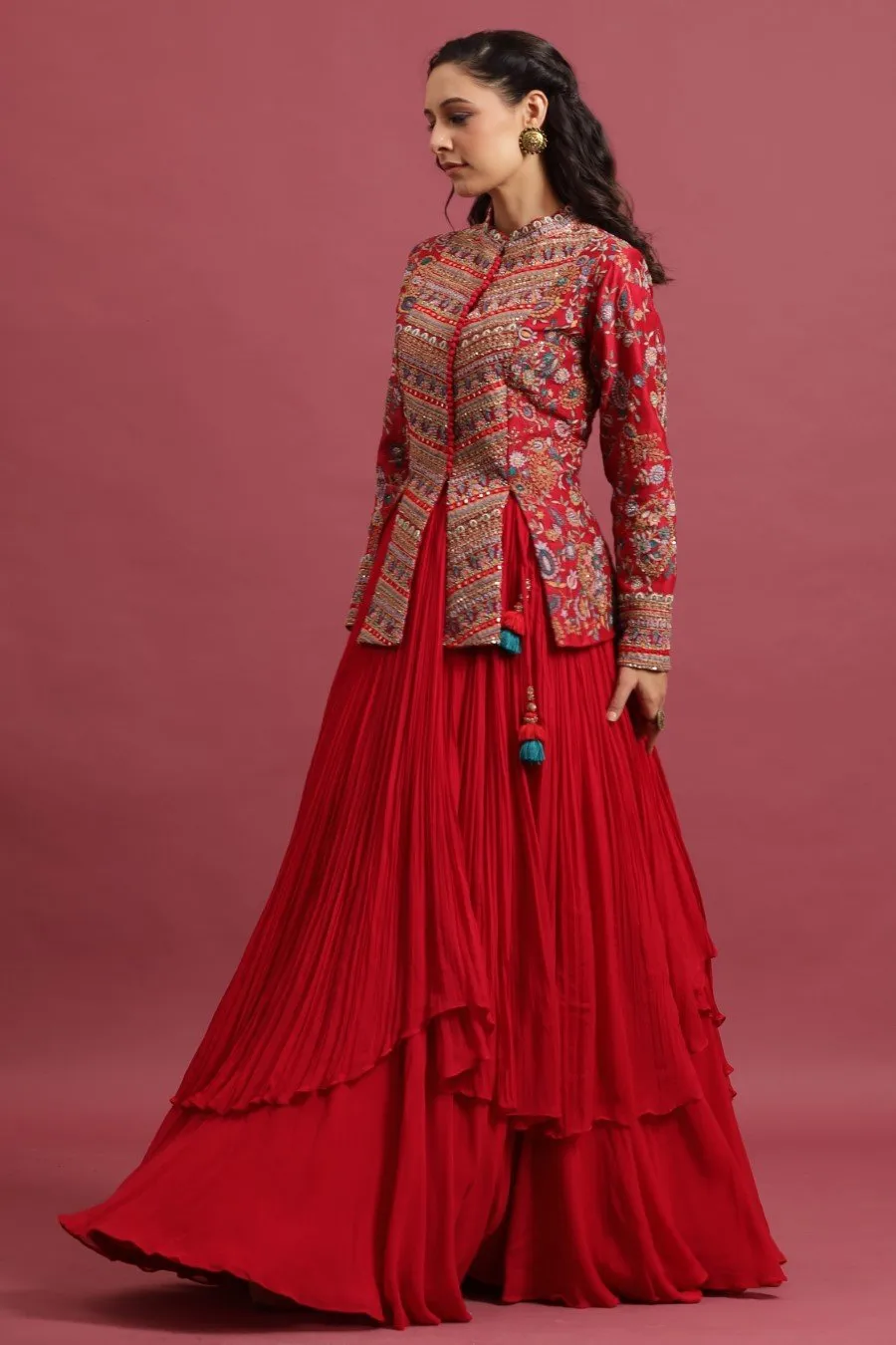 Queen Red Embellished Peplum with Layered Skirt