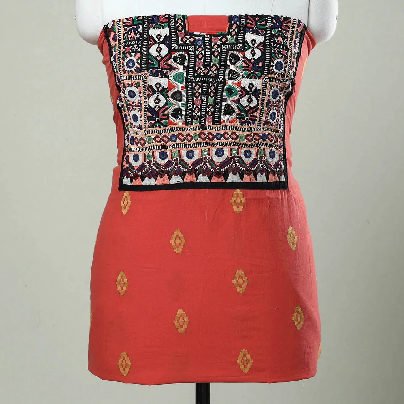 Red - Exclusive! Kutch Embroidery Work Cotton Kurta Material - 2.5 Meter