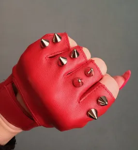 Red Leather Gloves with 2 Silver Spikes