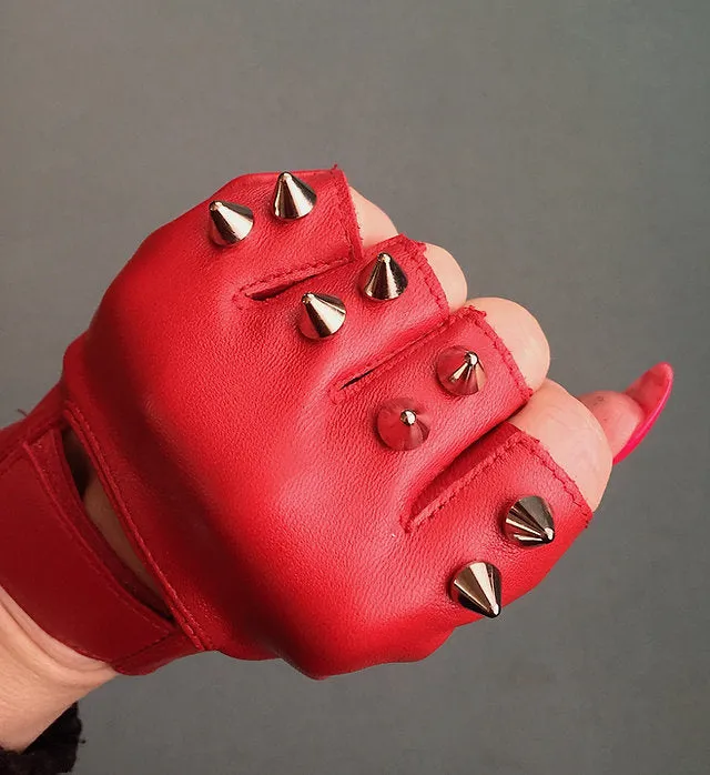 Red Leather Gloves with 2 Silver Spikes