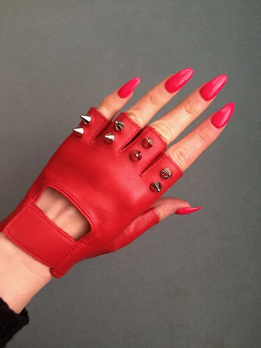 Red Leather Gloves with 2 Silver Spikes