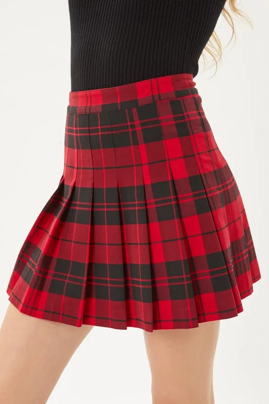 Red Plaid Print Pleated Skirt