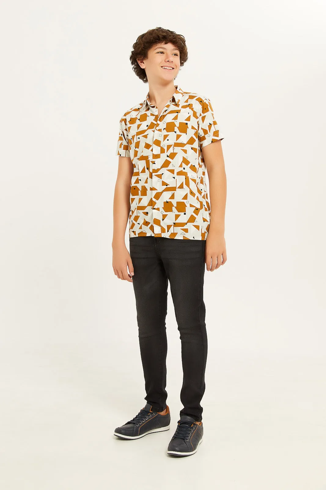 Senior Boys Ivory And Brown Printed Shirt
