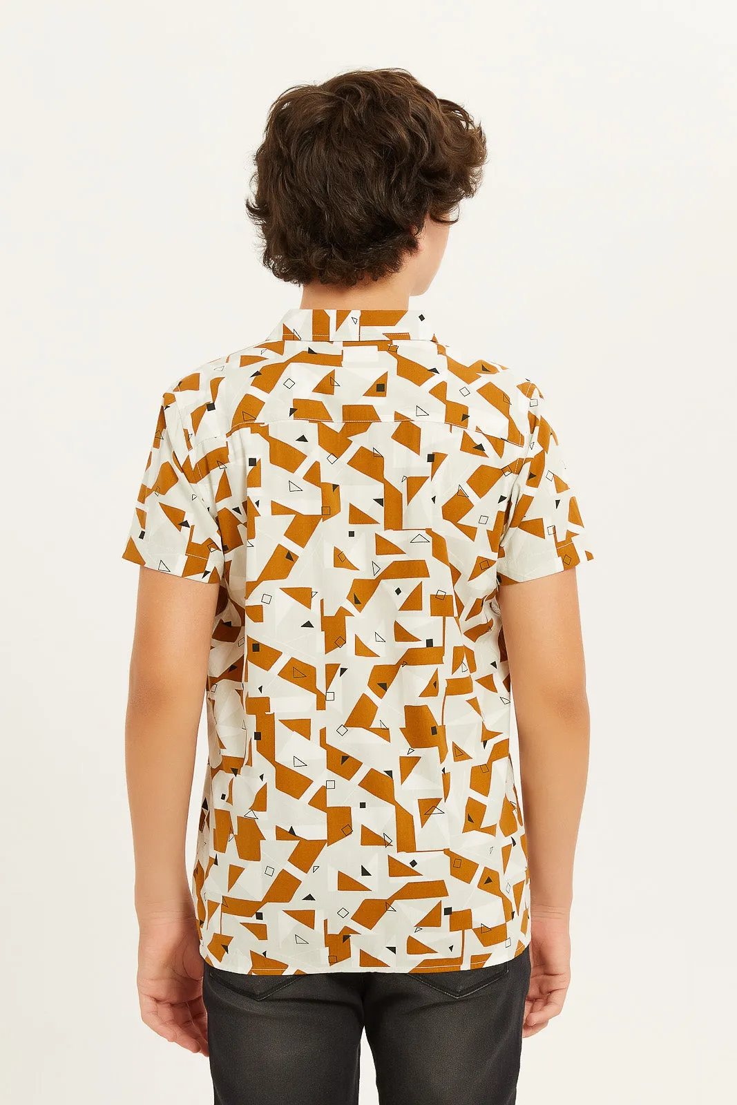 Senior Boys Ivory And Brown Printed Shirt