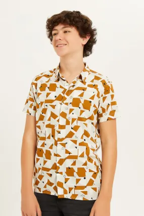 Senior Boys Ivory And Brown Printed Shirt