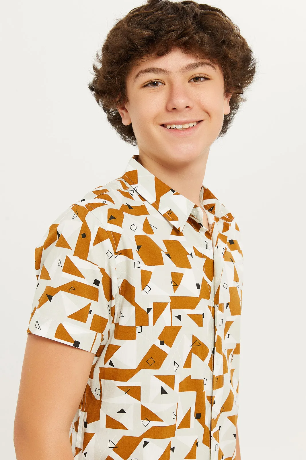 Senior Boys Ivory And Brown Printed Shirt