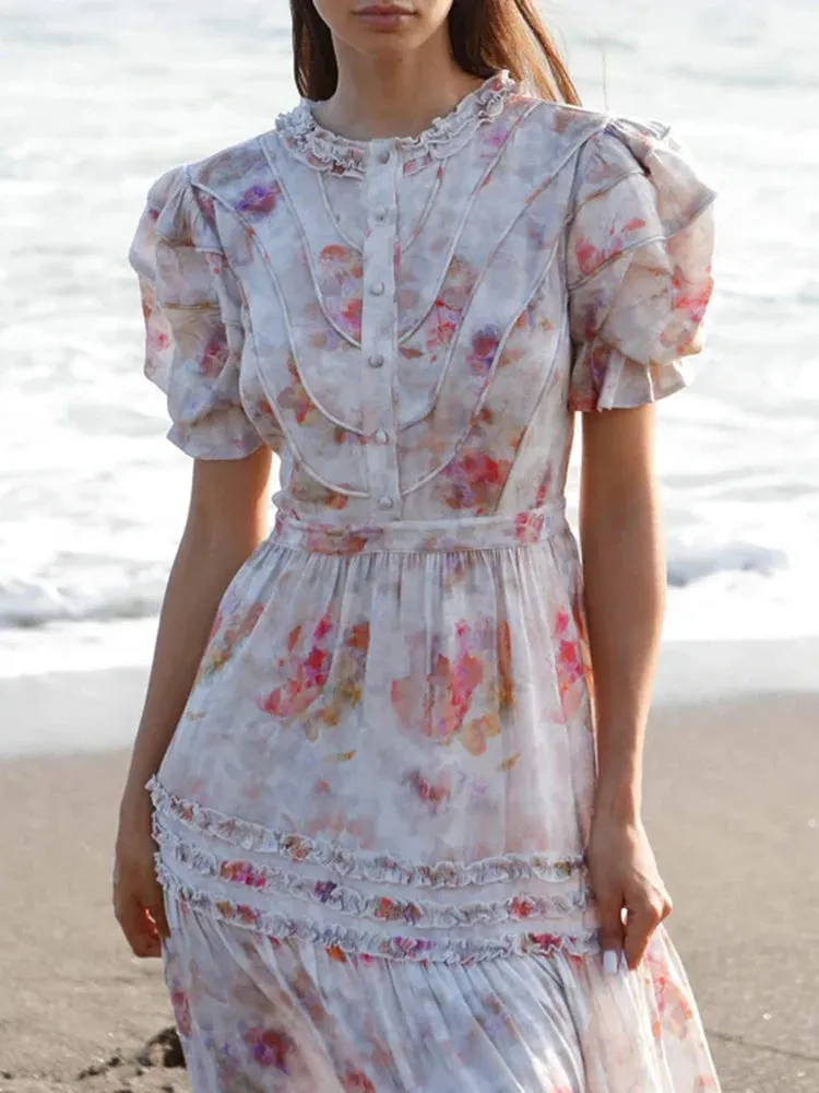 Spring Casual Slim Dresses Female Round Neck Puff Sleeve High Waist Spliced Ruched Hit Color Print Dress Women Clothing New