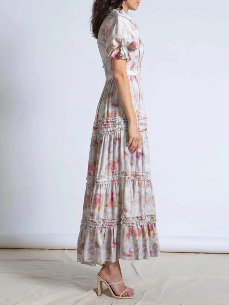 Spring Casual Slim Dresses Female Round Neck Puff Sleeve High Waist Spliced Ruched Hit Color Print Dress Women Clothing New
